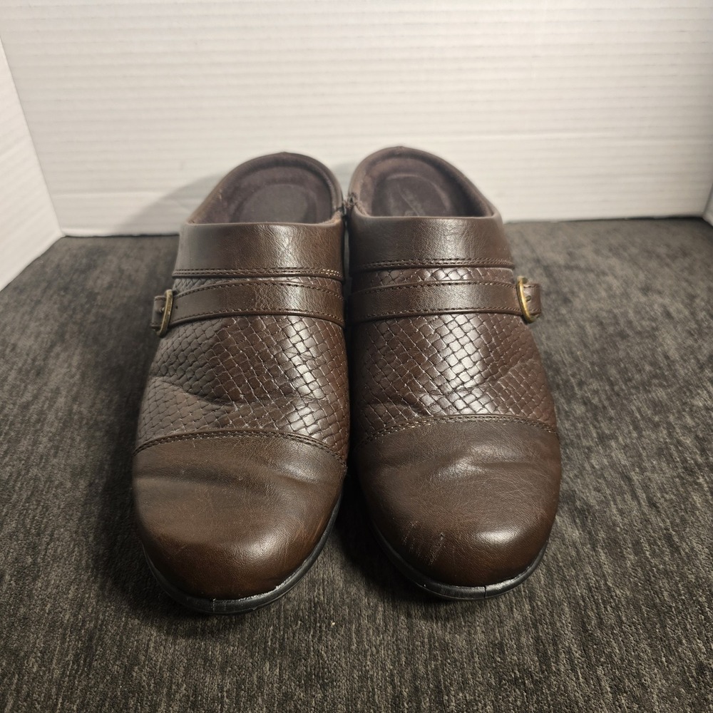 Easy Spirit Womens Brown Faux Leather Woven Vamp Buckle Mules Size 8.5W‎